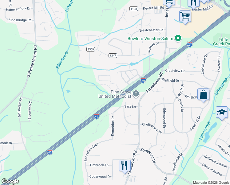 map of restaurants, bars, coffee shops, grocery stores, and more near 1258 United Court in Winston-Salem