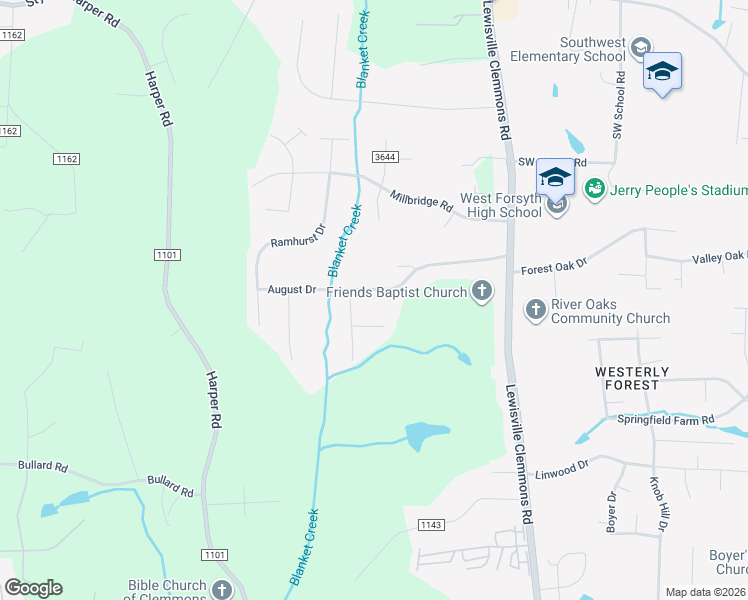 map of restaurants, bars, coffee shops, grocery stores, and more near 6912 August Drive in Clemmons
