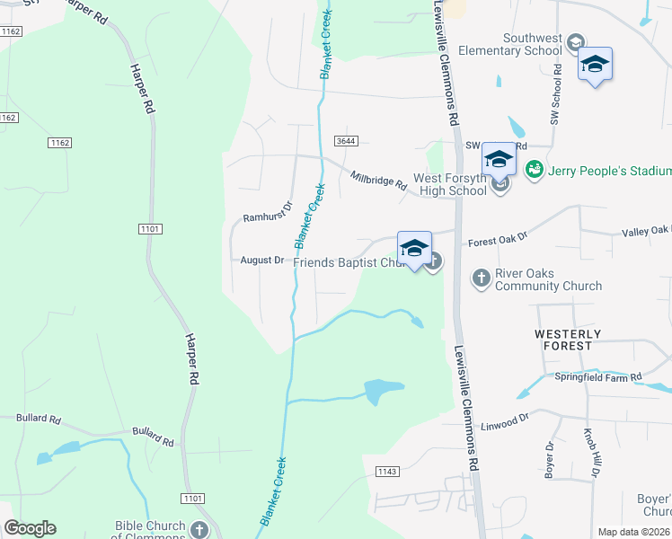 map of restaurants, bars, coffee shops, grocery stores, and more near 6912 August Drive in Clemmons