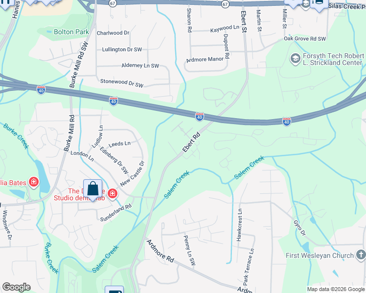 map of restaurants, bars, coffee shops, grocery stores, and more near 1896 Ebert Road in Winston-Salem