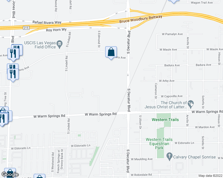 map of restaurants, bars, coffee shops, grocery stores, and more near 7135 South Decatur Boulevard in Las Vegas