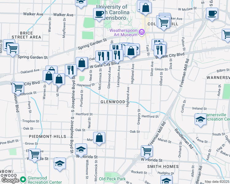 map of restaurants, bars, coffee shops, grocery stores, and more near 916 Lexington Avenue in Greensboro