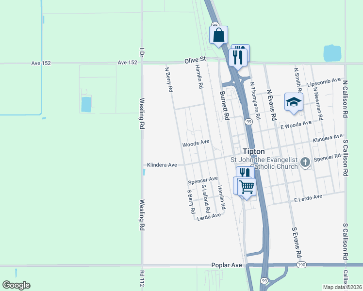 map of restaurants, bars, coffee shops, grocery stores, and more near 598 Woods Ave in Tipton