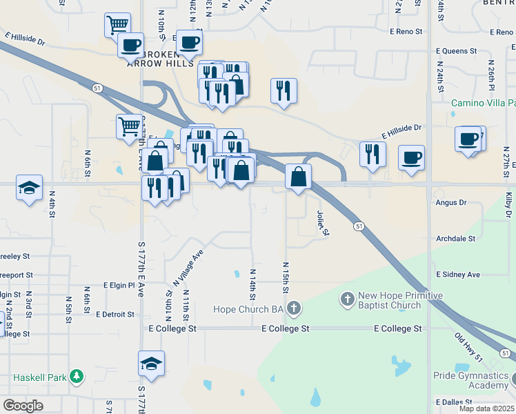 map of restaurants, bars, coffee shops, grocery stores, and more near 711 North 14th Street in Broken Arrow