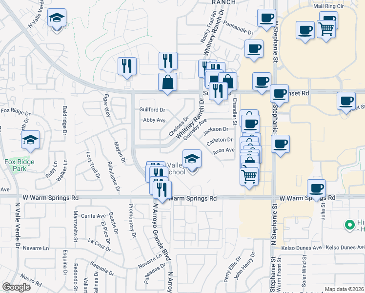 map of restaurants, bars, coffee shops, grocery stores, and more near 530 Grimsby Avenue in Henderson
