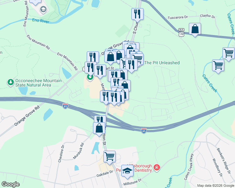 map of restaurants, bars, coffee shops, grocery stores, and more near 107 James J Freeland Memorial Drive in Hillsborough