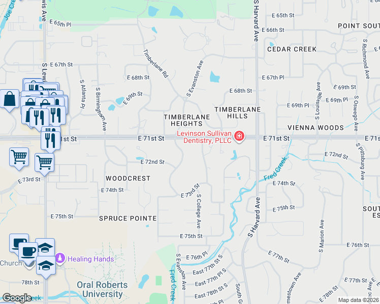 map of restaurants, bars, coffee shops, grocery stores, and more near 7135 South Evanston Avenue in Tulsa