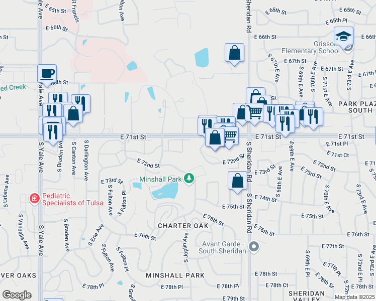 map of restaurants, bars, coffee shops, grocery stores, and more near 7119 South Joplin Avenue in Tulsa