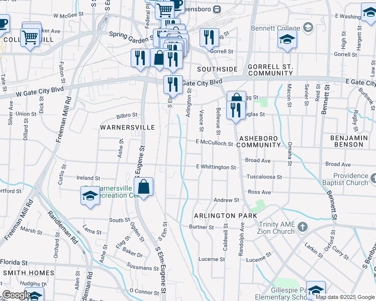 map of restaurants, bars, coffee shops, grocery stores, and more near 201 Gilbert Street in Greensboro