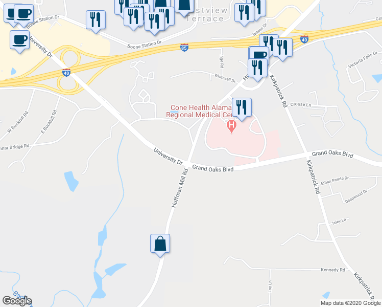 map of restaurants, bars, coffee shops, grocery stores, and more near 1471 Huffman Mill Road in Burlington