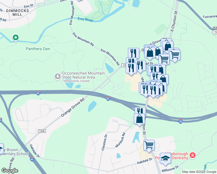 map of restaurants, bars, coffee shops, grocery stores, and more near 405 Thomas Burke Drive in Hillsborough