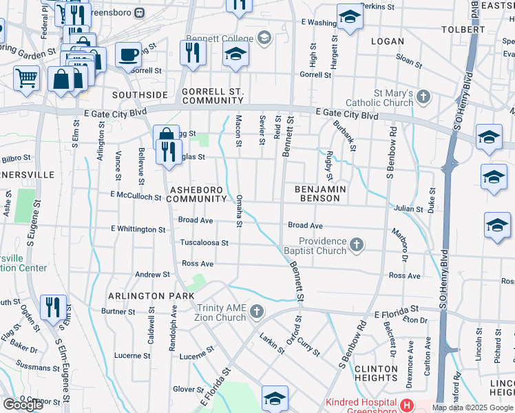 map of restaurants, bars, coffee shops, grocery stores, and more near 724 Julian Street in Greensboro