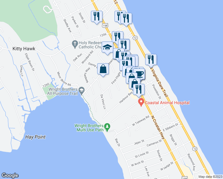 map of restaurants, bars, coffee shops, grocery stores, and more near 303 Apollo Court in Kitty Hawk