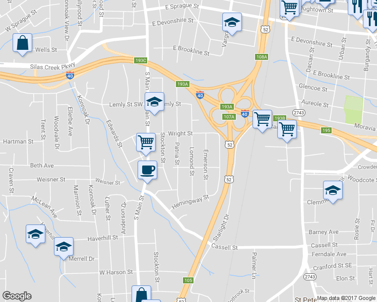 map of restaurants, bars, coffee shops, grocery stores, and more near 2832 Lomond Street in Winston-Salem