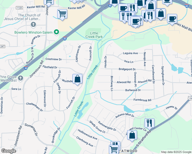 map of restaurants, bars, coffee shops, grocery stores, and more near 2970 Stonekirk Court in Winston-Salem