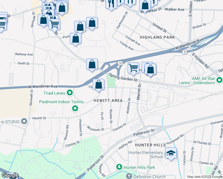 map of restaurants, bars, coffee shops, grocery stores, and more near 3913 Clifton Road in Greensboro