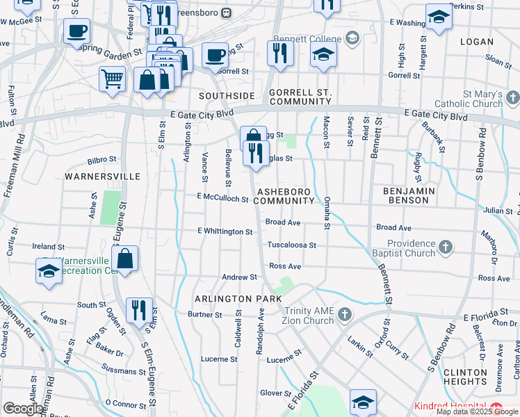 map of restaurants, bars, coffee shops, grocery stores, and more near 707 Martin Luther King Junior Drive in Greensboro