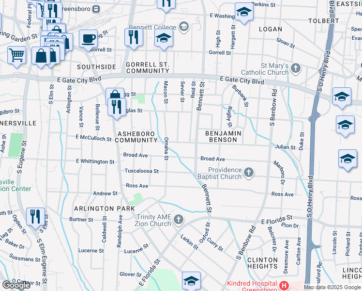 map of restaurants, bars, coffee shops, grocery stores, and more near 726 Julian Street in Greensboro