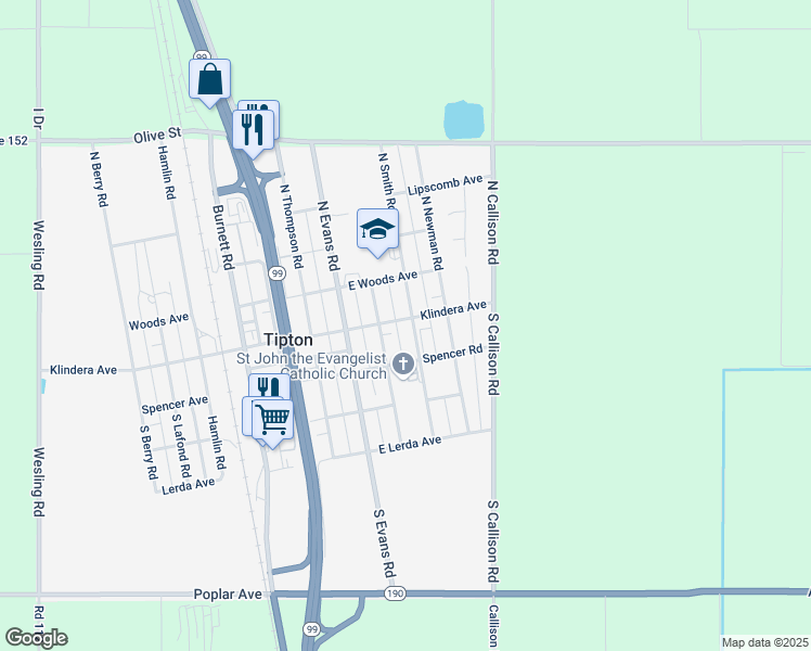 map of restaurants, bars, coffee shops, grocery stores, and more near 115 North Smith Road in Tipton