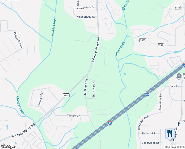 map of restaurants, bars, coffee shops, grocery stores, and more near 404 Drexmore Court in Winston-Salem