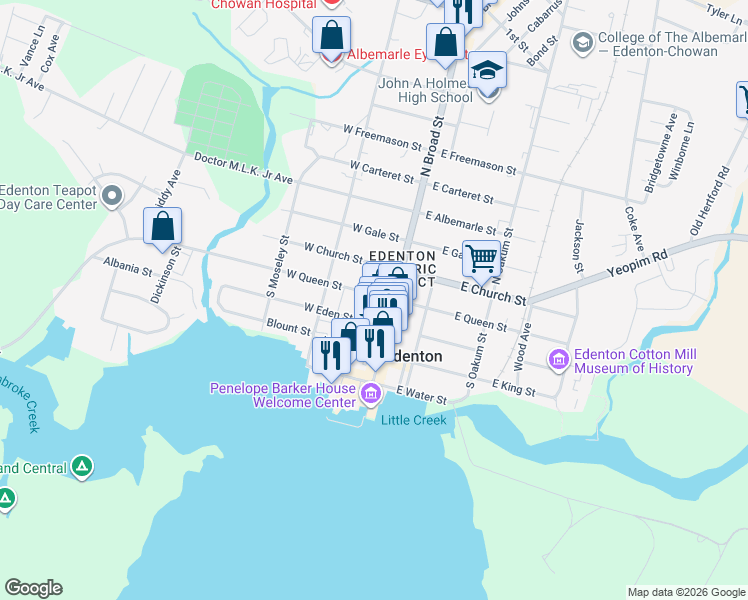 map of restaurants, bars, coffee shops, grocery stores, and more near 105a West Queen Street in Edenton