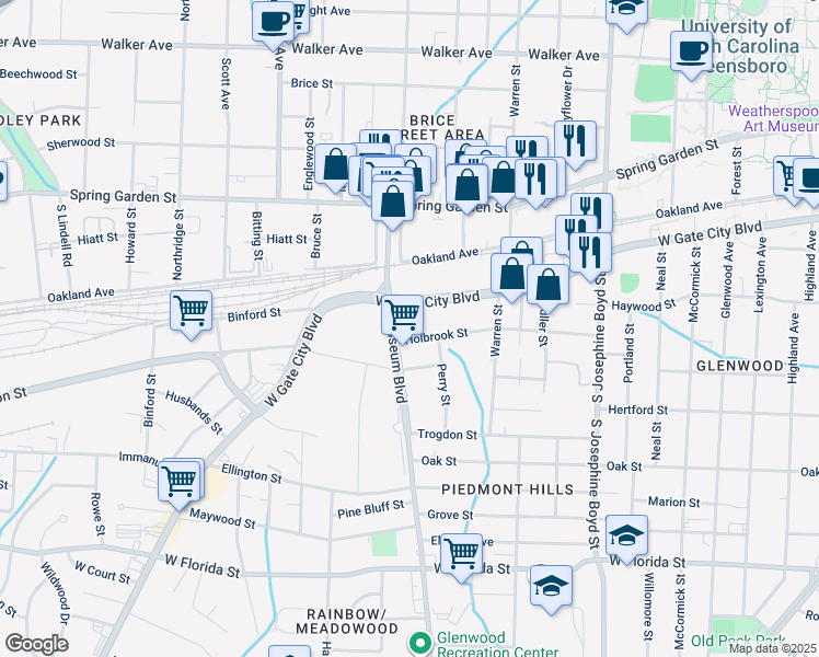 map of restaurants, bars, coffee shops, grocery stores, and more near 1011 Coliseum Boulevard in Greensboro