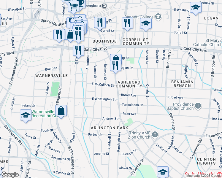 map of restaurants, bars, coffee shops, grocery stores, and more near 414 East McCulloch Street in Greensboro