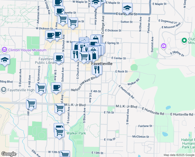 map of restaurants, bars, coffee shops, grocery stores, and more near 210 Nelson Hackett Boulevard in Fayetteville