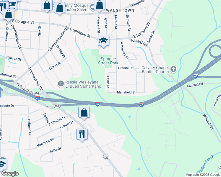map of restaurants, bars, coffee shops, grocery stores, and more near 2605 Lewis Street in Winston-Salem