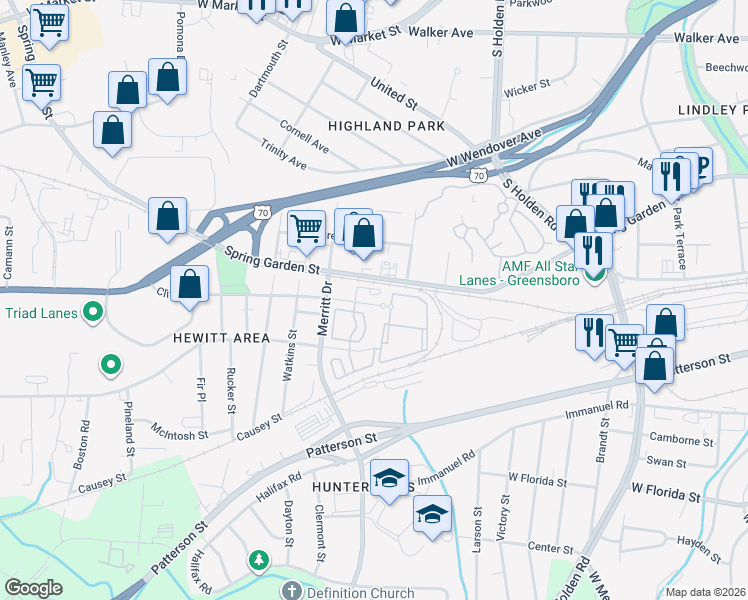 map of restaurants, bars, coffee shops, grocery stores, and more near 3618 Clifton Road in Greensboro