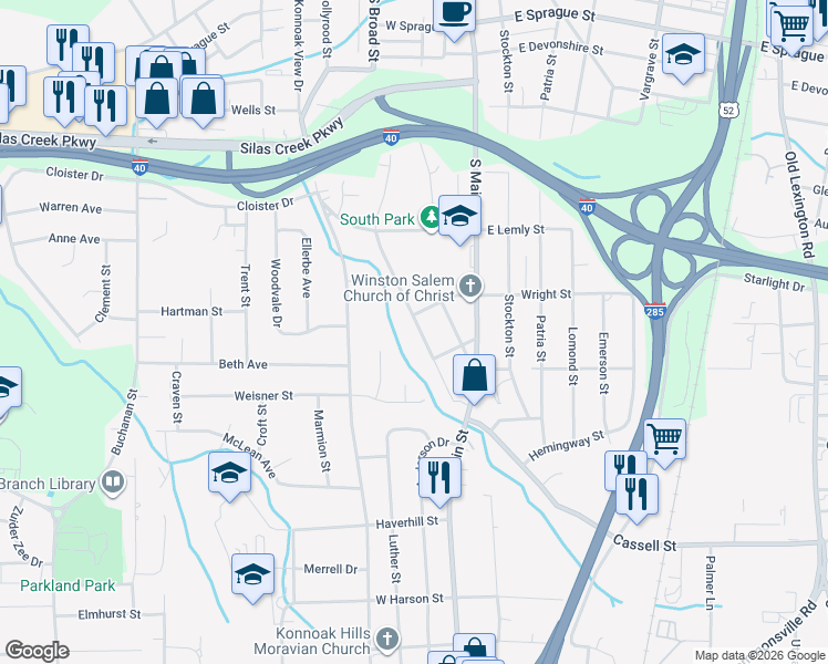 map of restaurants, bars, coffee shops, grocery stores, and more near 2812 Edwards Street in Winston-Salem