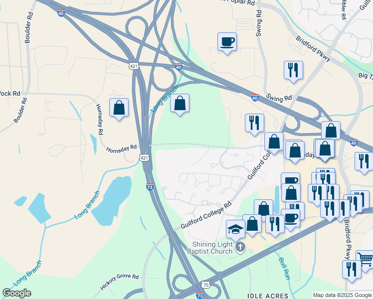 map of restaurants, bars, coffee shops, grocery stores, and more near 5613 Hornaday Road in Greensboro