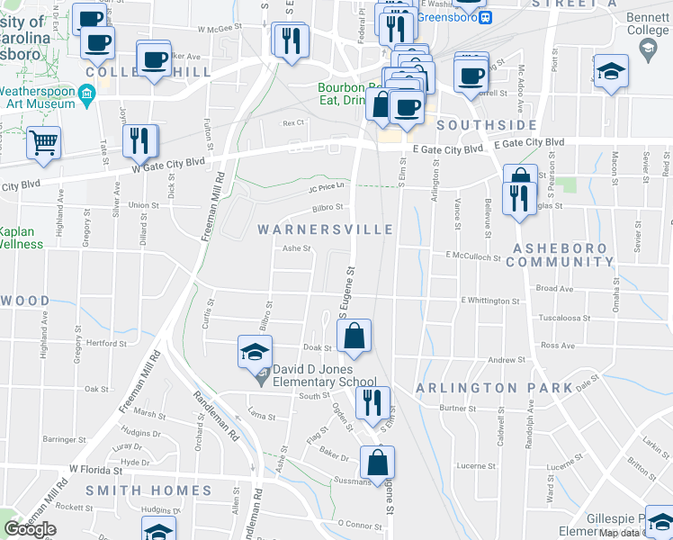 map of restaurants, bars, coffee shops, grocery stores, and more near in Greensboro