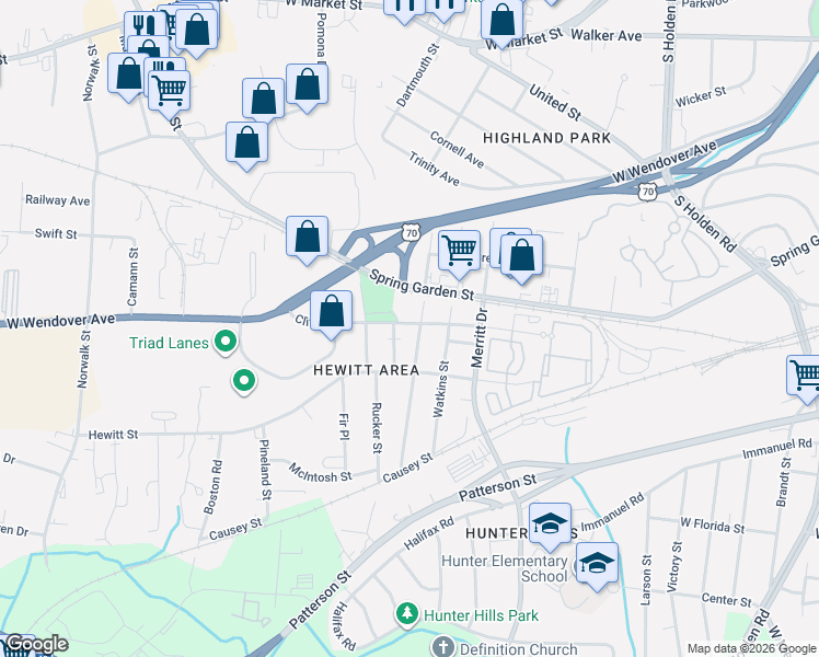 map of restaurants, bars, coffee shops, grocery stores, and more near 3905 Clifton Road in Greensboro