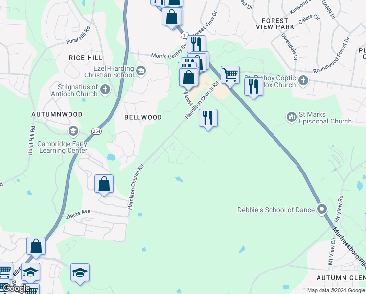 map of restaurants, bars, coffee shops, grocery stores, and more near 3001 Hamilton Church Road in Nashville