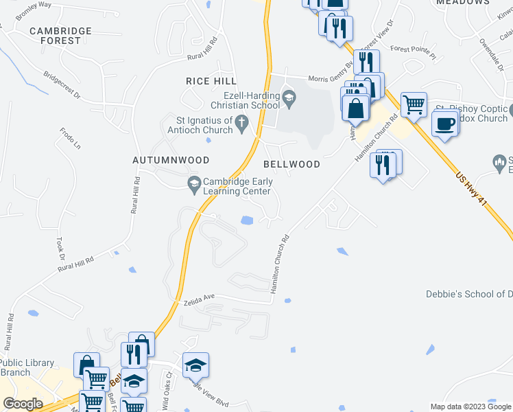 map of restaurants, bars, coffee shops, grocery stores, and more near 630 Tennessee 254 in Nashville