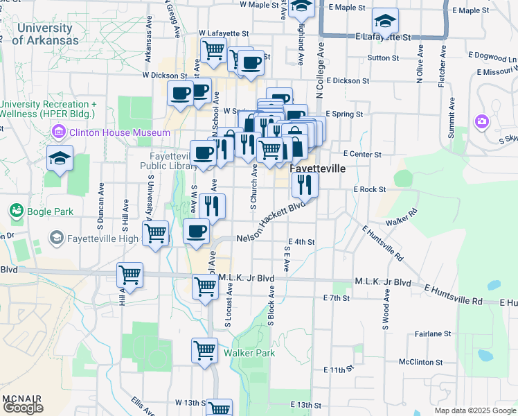 map of restaurants, bars, coffee shops, grocery stores, and more near 215 South Block Avenue in Fayetteville
