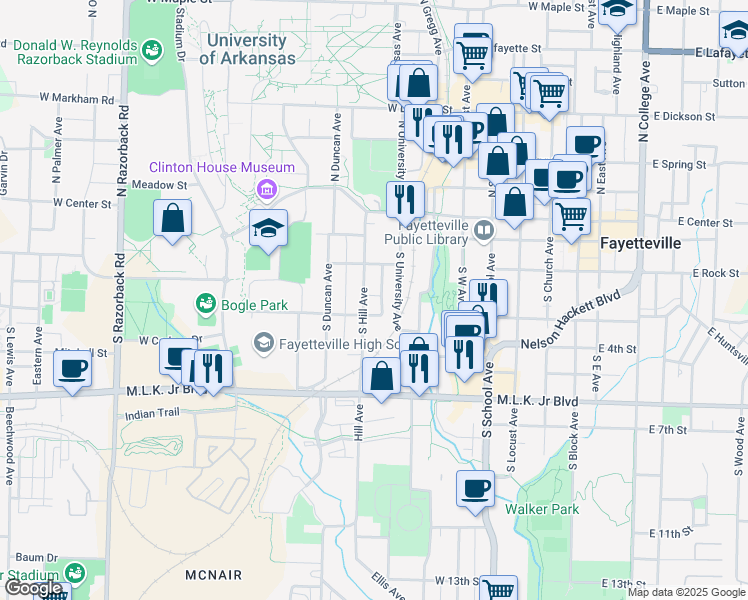 map of restaurants, bars, coffee shops, grocery stores, and more near 131 South Hill Avenue in Fayetteville
