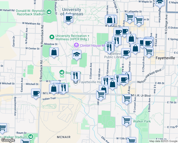 map of restaurants, bars, coffee shops, grocery stores, and more near 121 S Duncan Ave in Fayetteville