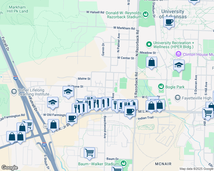 map of restaurants, bars, coffee shops, grocery stores, and more near 280 Lewis Avenue in Fayetteville