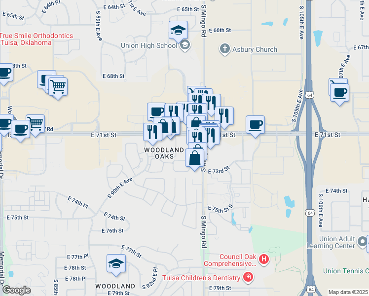 map of restaurants, bars, coffee shops, grocery stores, and more near 7112 South Mingo Road in Tulsa