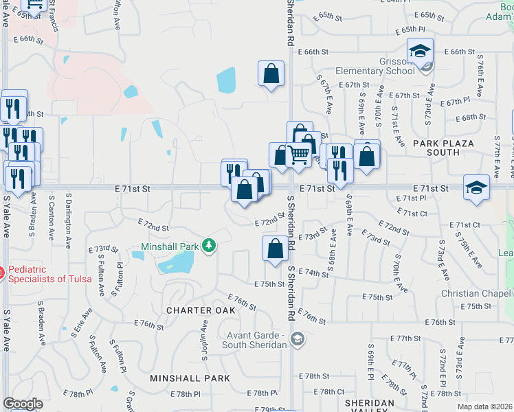map of restaurants, bars, coffee shops, grocery stores, and more near 6120 East 71st Street in Tulsa