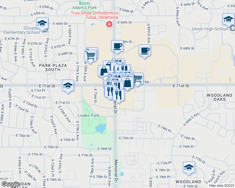 map of restaurants, bars, coffee shops, grocery stores, and more near 7121 S Memorial Dr in Tulsa