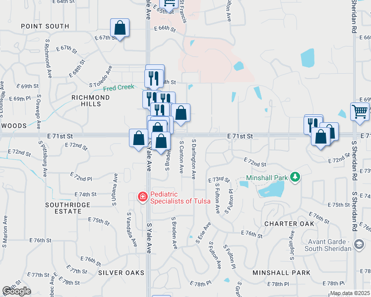 map of restaurants, bars, coffee shops, grocery stores, and more near 7121 South Canton Avenue in Tulsa