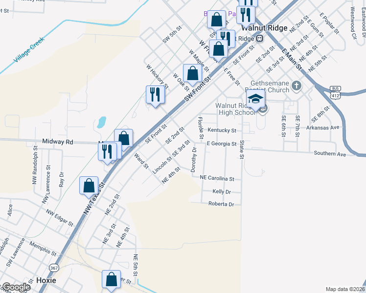 map of restaurants, bars, coffee shops, grocery stores, and more near 1018 Southeast 3rd Street in Walnut Ridge