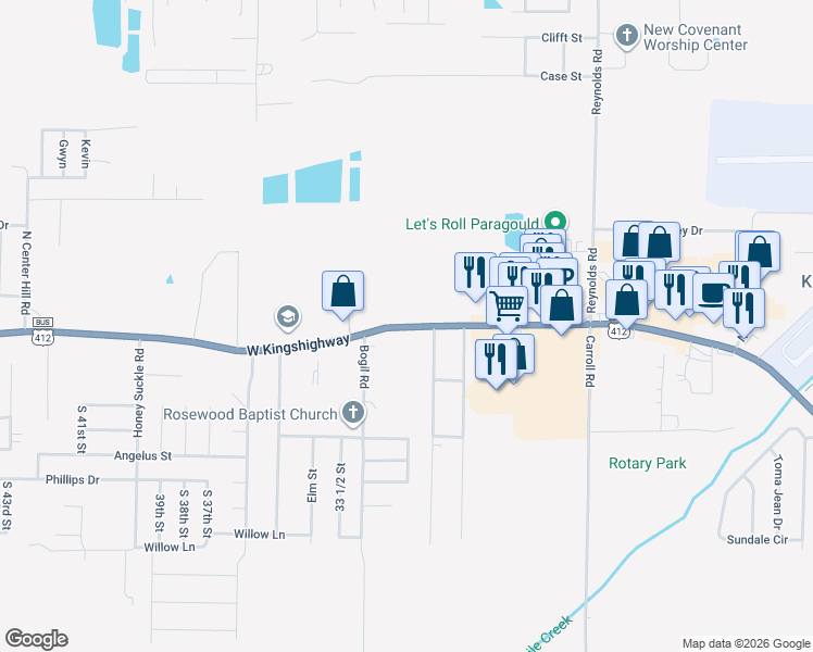 map of restaurants, bars, coffee shops, grocery stores, and more near 2903 West Kings Highway in Paragould