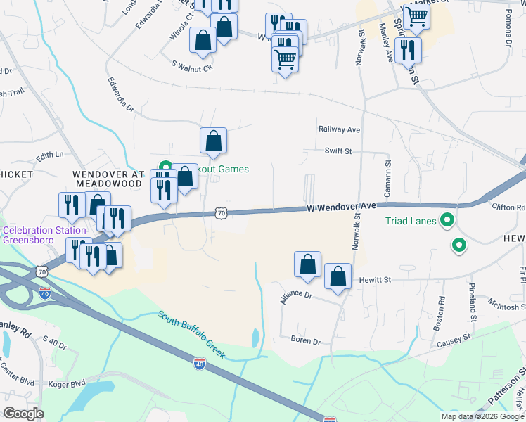 map of restaurants, bars, coffee shops, grocery stores, and more near 3898 West Wendover Avenue in Greensboro