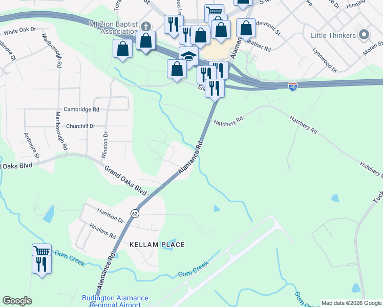 map of restaurants, bars, coffee shops, grocery stores, and more near 2907 Alamance Road in Burlington