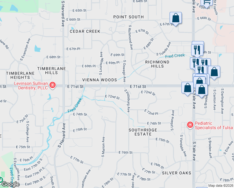 map of restaurants, bars, coffee shops, grocery stores, and more near 3877 East 72nd Street in Tulsa