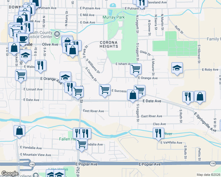 map of restaurants, bars, coffee shops, grocery stores, and more near 322 South Park Street in Porterville